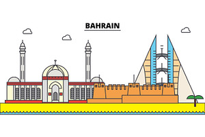 Bahrain outline city skyline, linear illustration, banner, travel landmark, buildings silhouette,vector