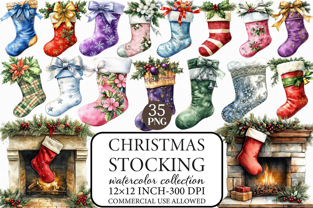 Watercolor Christmas Stocking Clipar, an Illustration by Libby Wishes (Photo 1 of 7)