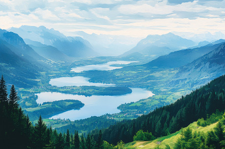 Lush green valley with winding lakes, a Photo by Tanuart