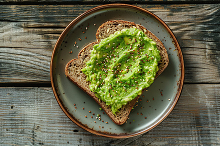 Toast bread with avocado puree on wooden table. Vegetarian food., a Food & Drink Photo by AlyaAnd