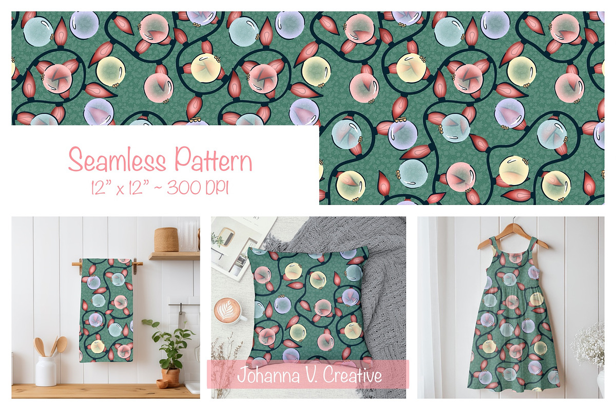 Christmas Ornaments & Lights Pattern, an Illustration by Johanna V. Creative (Photo 1 of 3)