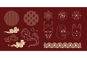 Golden Japan Asia elements on red bg, an Illustration by art PVP - market