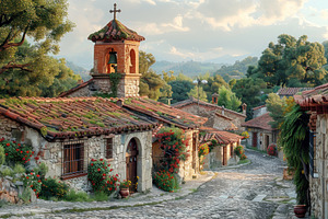 Charming stone village with red tiled roofs and bell tower on co, a Photo by José Manuel Gelpi