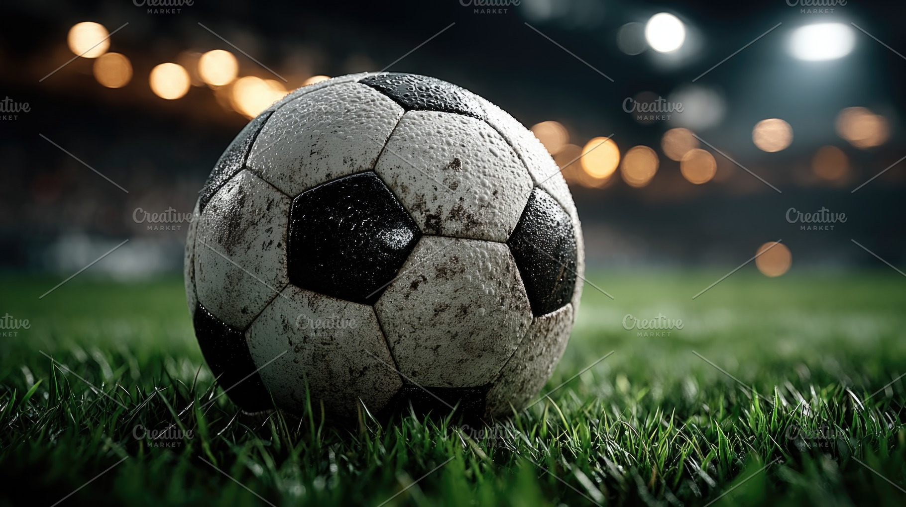 Dirty Wet Soccer Ball on Grass with Stadium Lights at Night, a Sports & Recreation Photo by José Manuel Gelpi