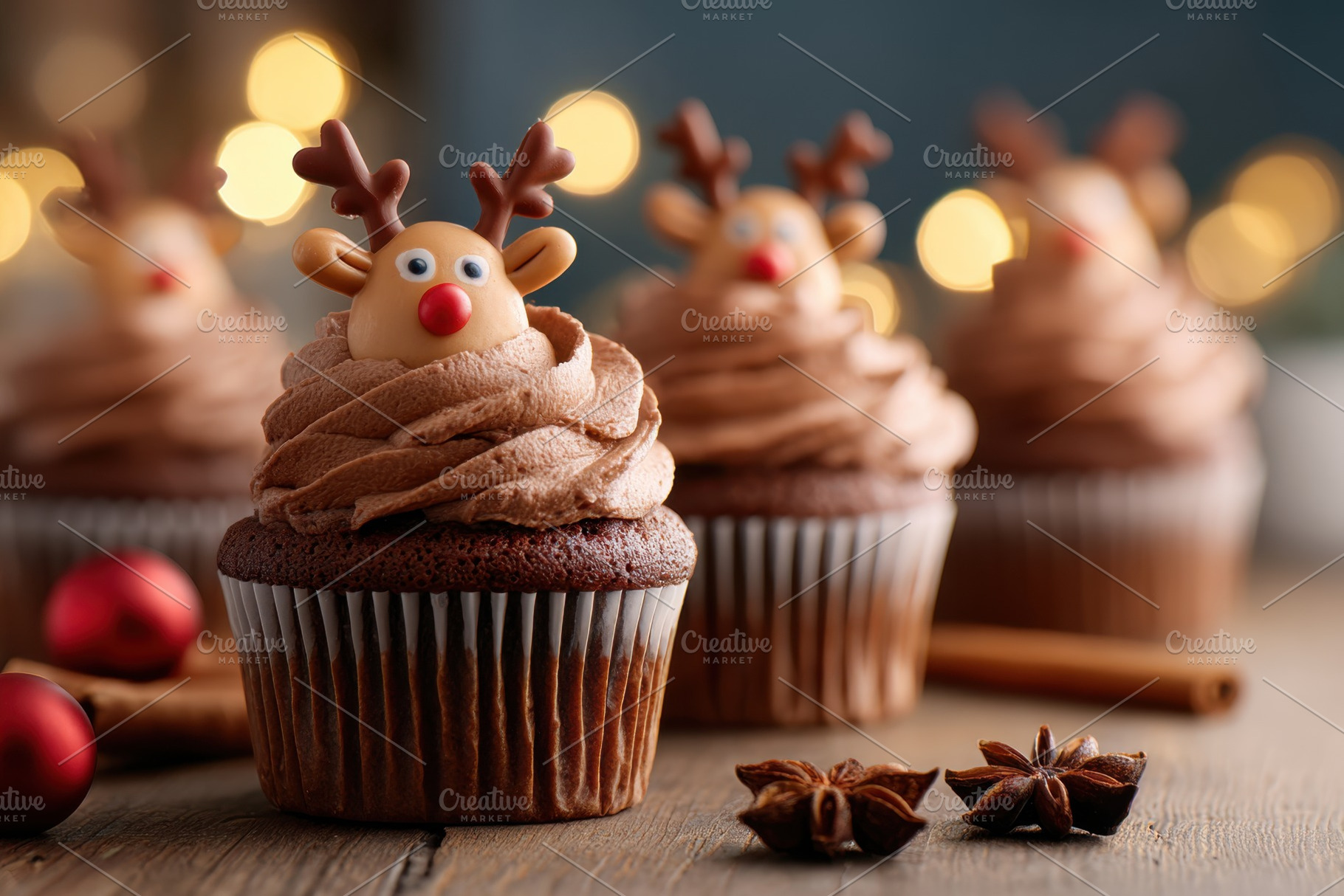 Festive cupcakes decorated for christmas holiday on blurred lights background, a Food & Drink Photo by AlyaAnd