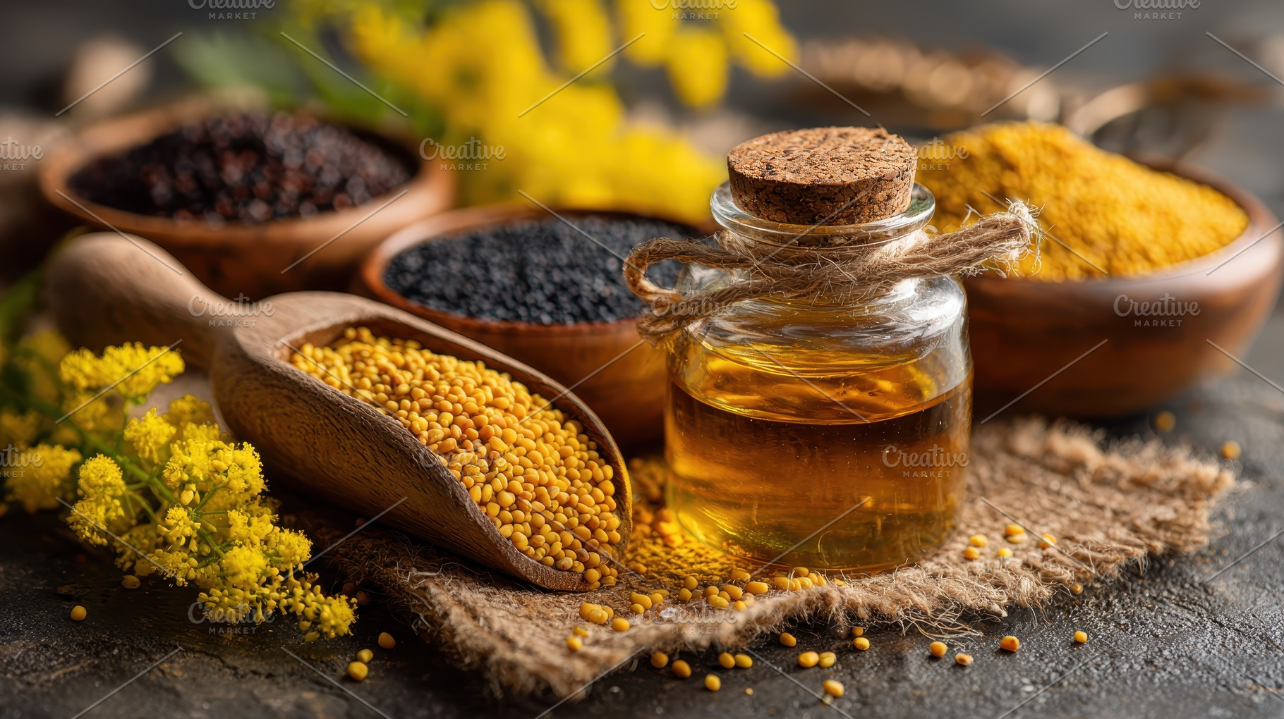 Mustard seeds oil and flowers health, a Photo by Pixeness Studio