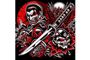 Samurai with Katana and Demonic, a Person Illustration by AlexArt