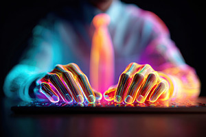 Brightly lit hands typing on a keyboard with neon glow around the dressed indiv, a Background Photo by AlyaAnd