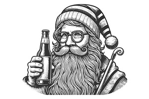 Hipster Santa holding beer bottle, an Illustration by AlexArt