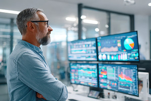 Man analyzing financial data in modern office, a Business Photo by AlyaAnd