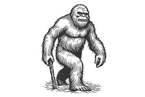 Bigfoot Sasquatch Walking in Forest, an Animal Illustration by AlexArt