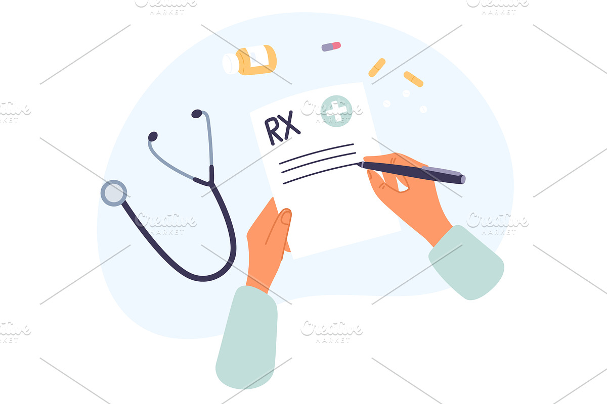 Doctors hands write prescription for, a Healthcare Illustration by Vectorbuum
