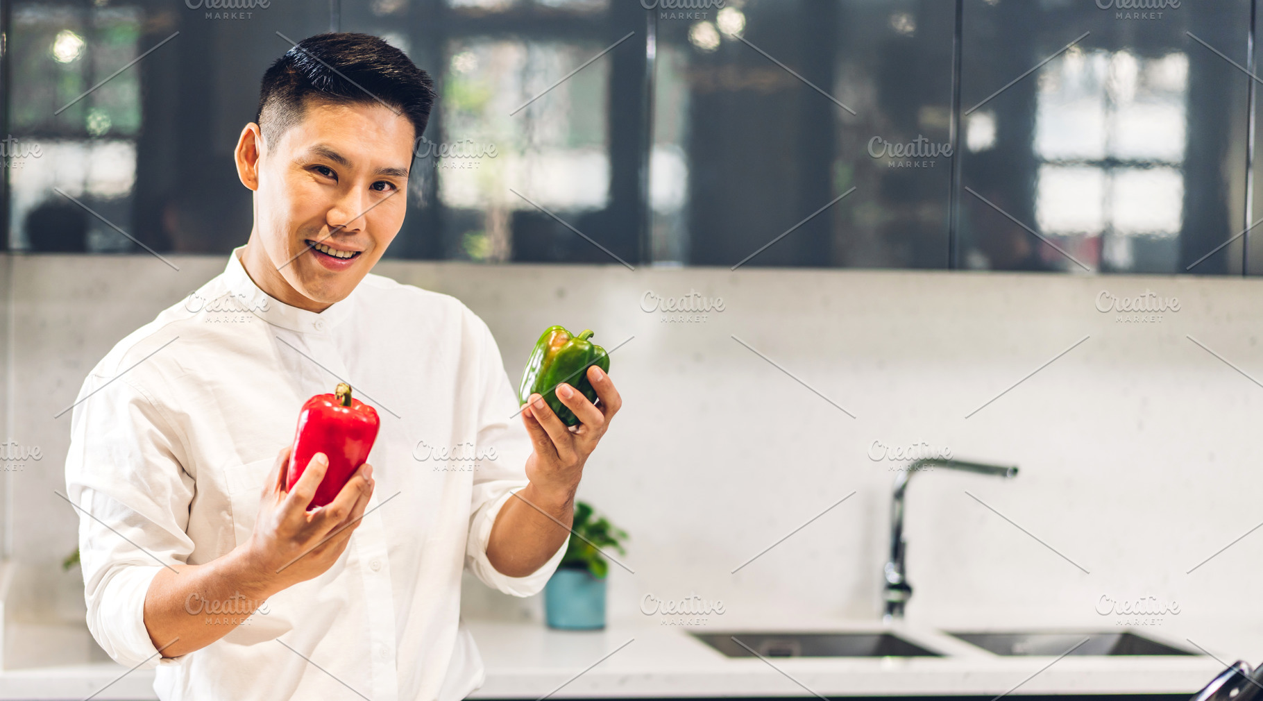 Portrait of smiling professional handsome asian man chef look at, a Person Photo by Art_Photo