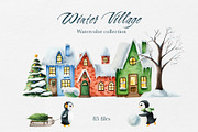 Watercolor Winter Penguin Village, an Illustration by Navenzeles (Thumbnail 1 of 11)