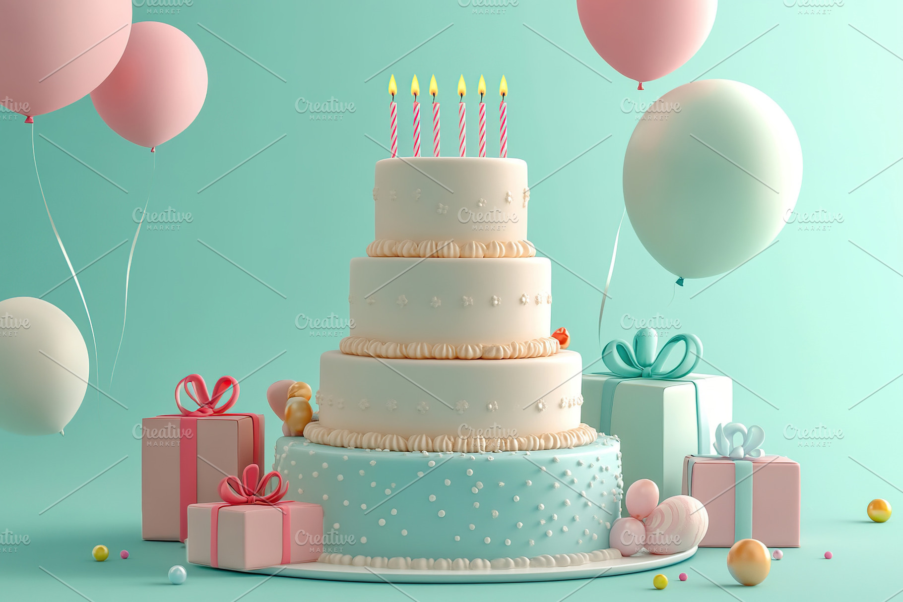 Tiered birthday cake with party balloons and candles, a Food & Drink Photo by AlyaAnd