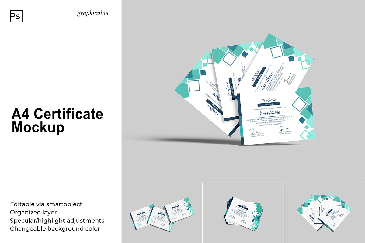 A4 Certificate Mockup, an Advertising Mockup by Graphiculon (Photo 1 of 11)