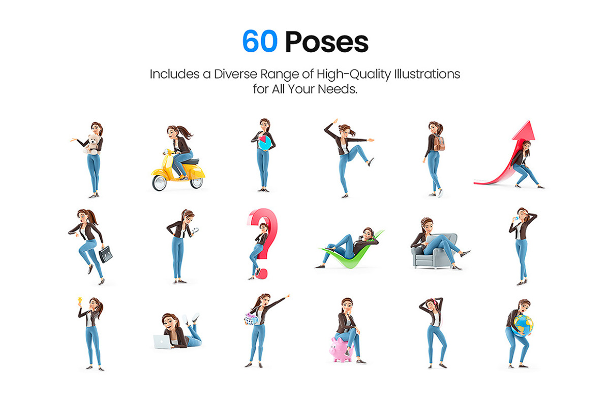 Cartoon Woman – Set of 60 Poses, a Person Illustration by 3DMask (Photo 3 of 6)
