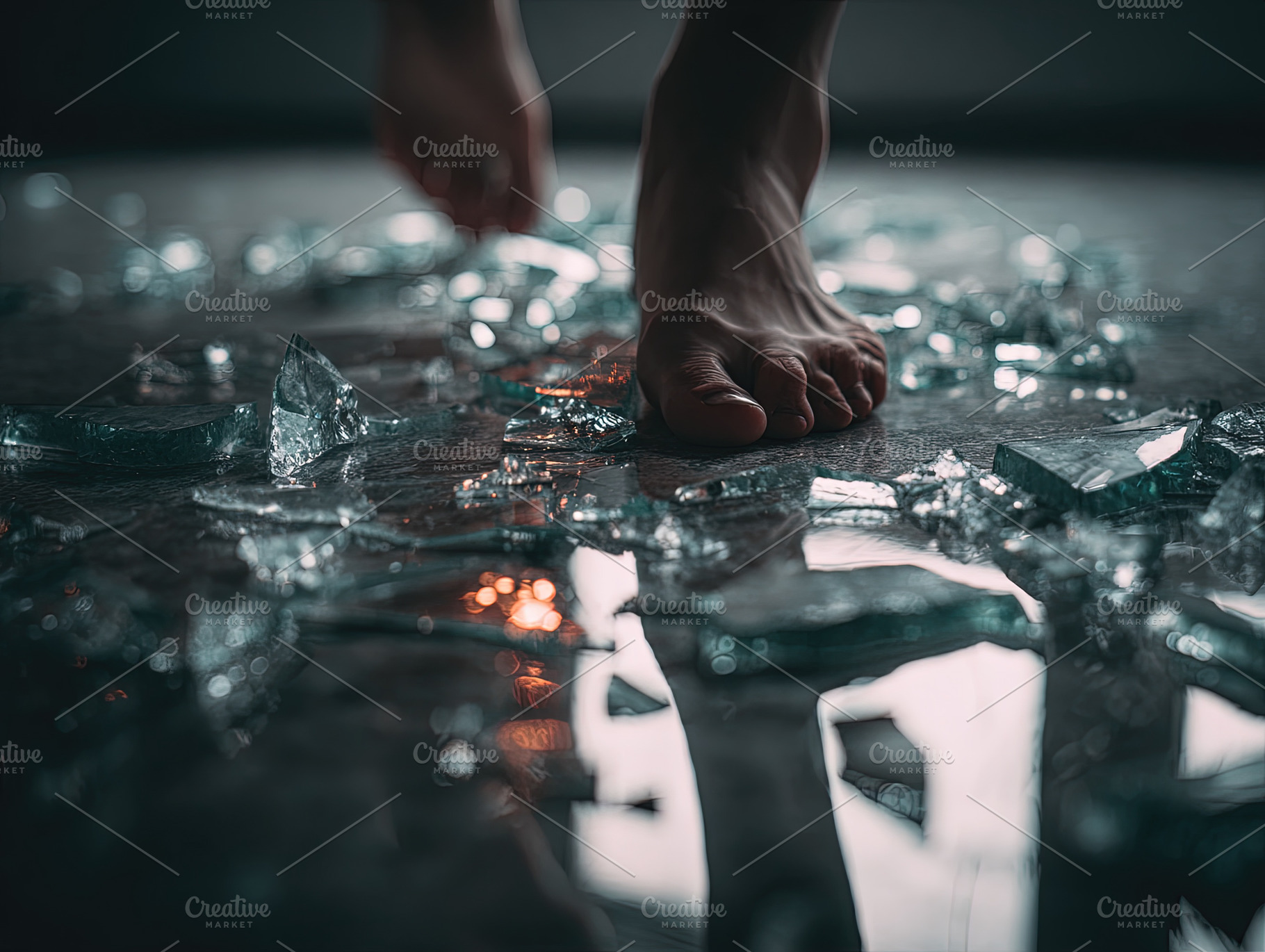 Close-up of bare feet navigating sharp broken glass on a reflect, an Abstract Photo by Ales Munt