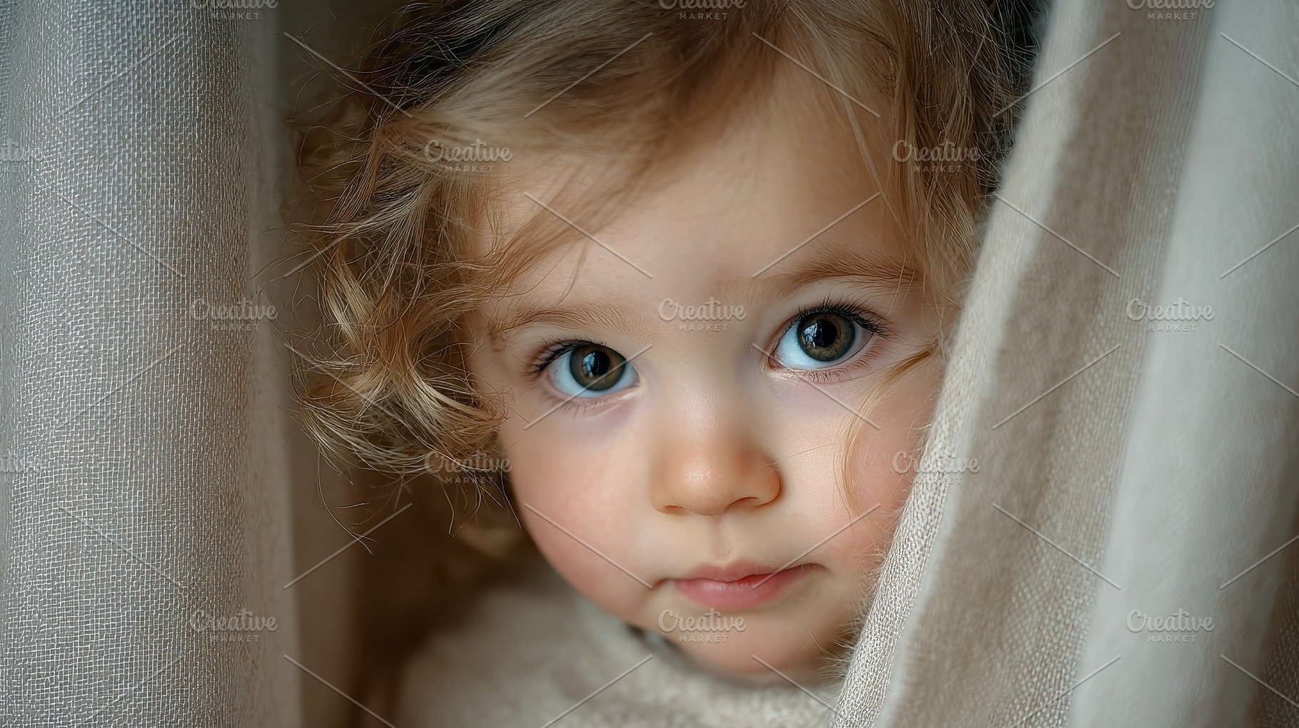 Toddler girl peeking through beige f, an Abstract Photo by Pixeness Studio