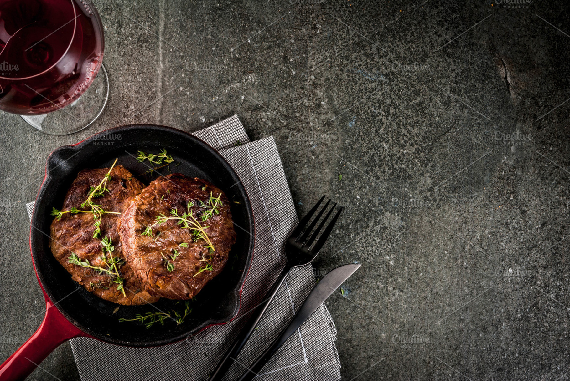Grilled beef steaks and wine stock photo containing steak and beef, a Food & Drink Photo by Rimma