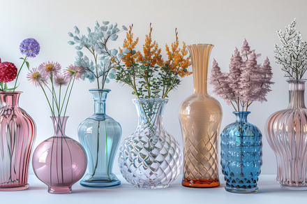 Elegant Collection of Stylish Glass Vases with Colorful Flowers on White Backgr, a Photo by AS photostudio