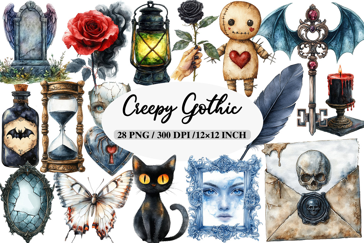 Watercolor Creepy Gothic Halloween, an Illustration by Daily.Designs (Photo 1 of 5)