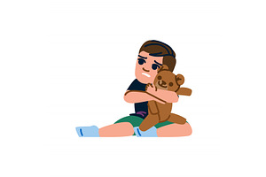 Sad child hugging teddy bear feeling, an Illustration by pikepicture