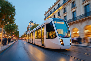 Modern white tram in city at sunset, a Transportation Photo by AlyaAnd