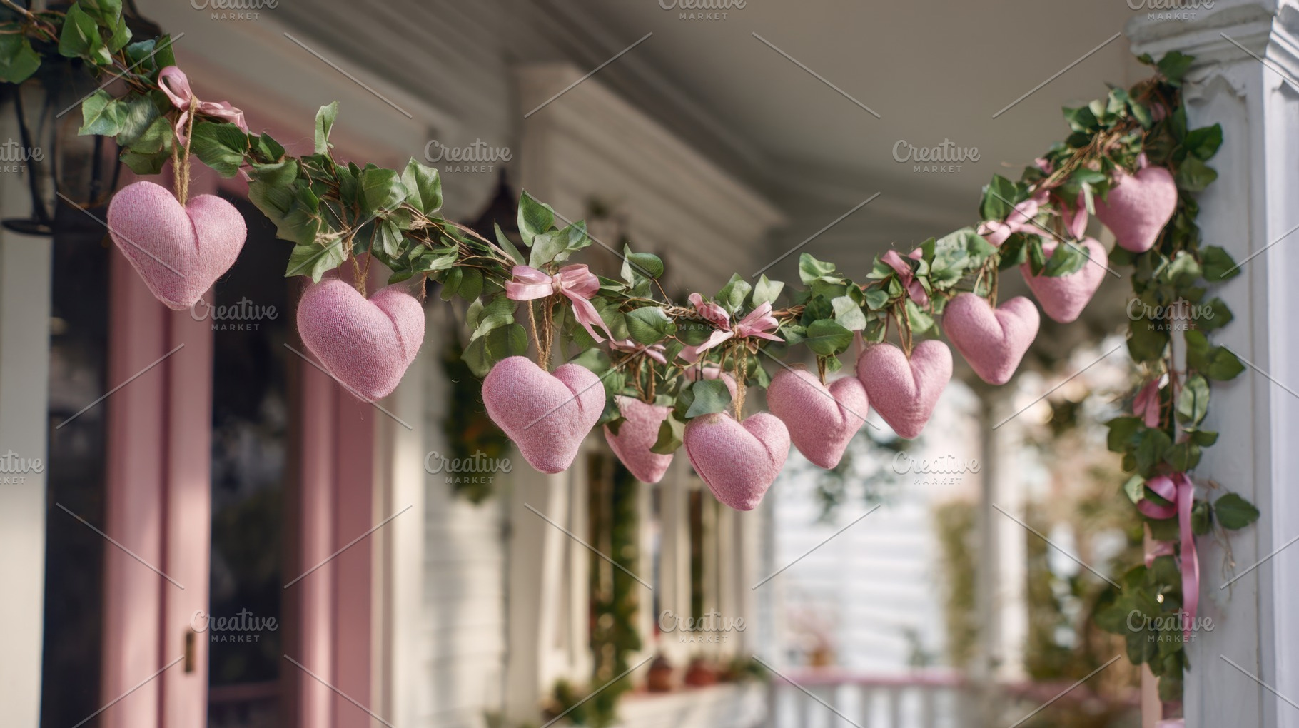 Festive heart decorations on a porch, a Photo by Beautiful things