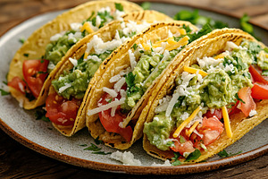 Vegetarian tacos with guacamole, cheese and tomatoes on a plate, a Food & Drink Photo by AlyaAnd