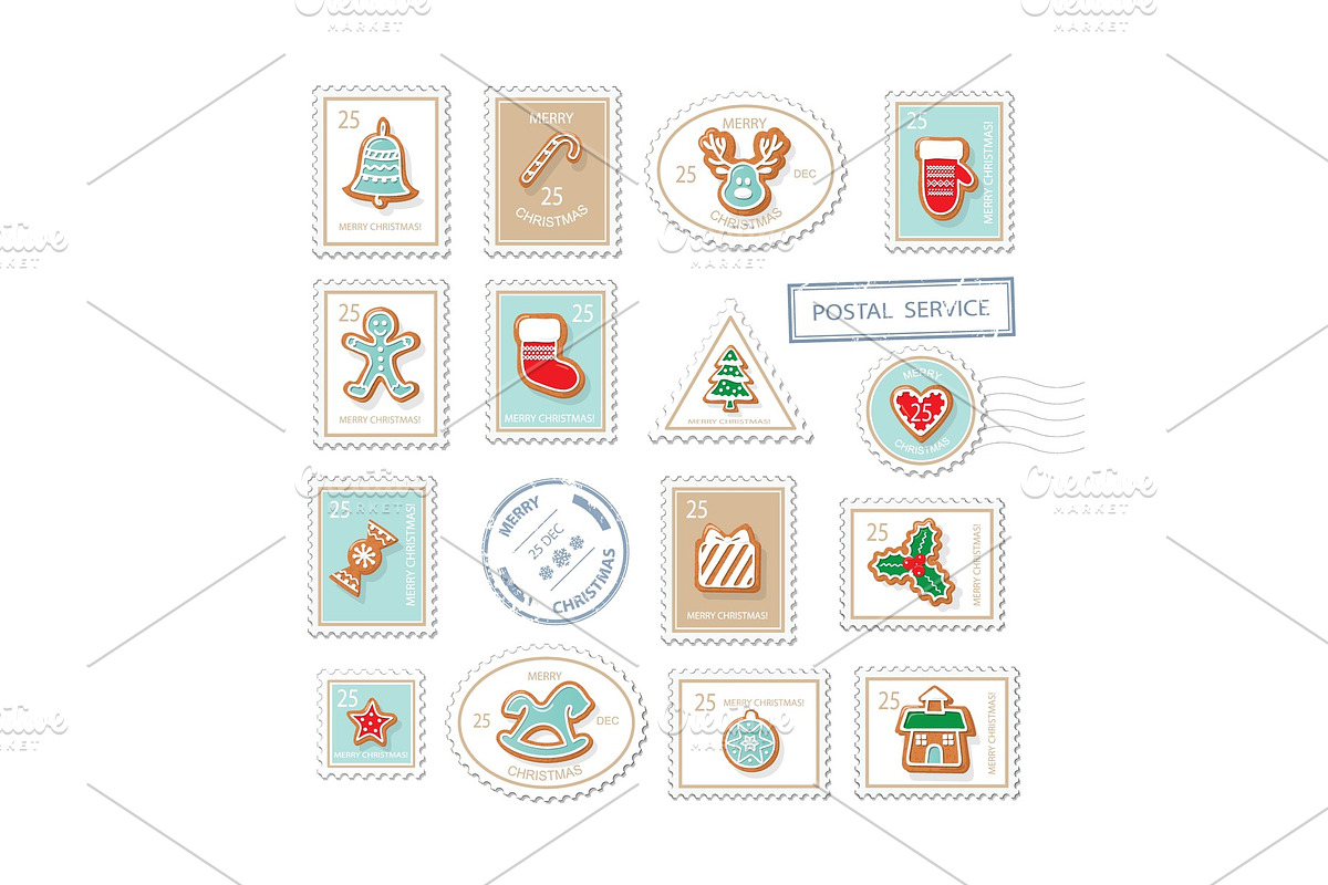Christmas postal stamps set isolated, an Object Graphic by cutelittlethings