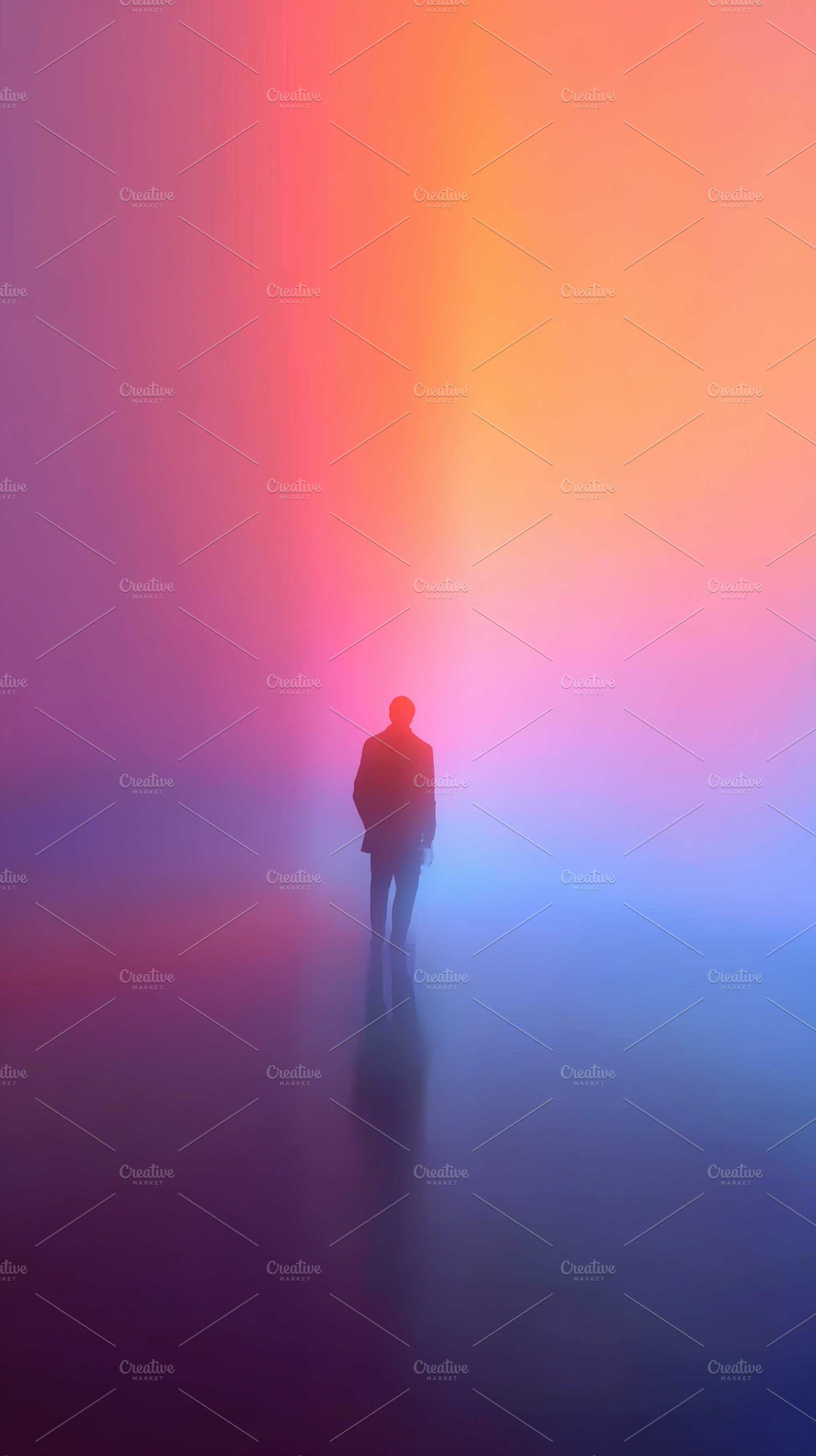 Man walking away into colorful light, a Photo by Pixeness Studio