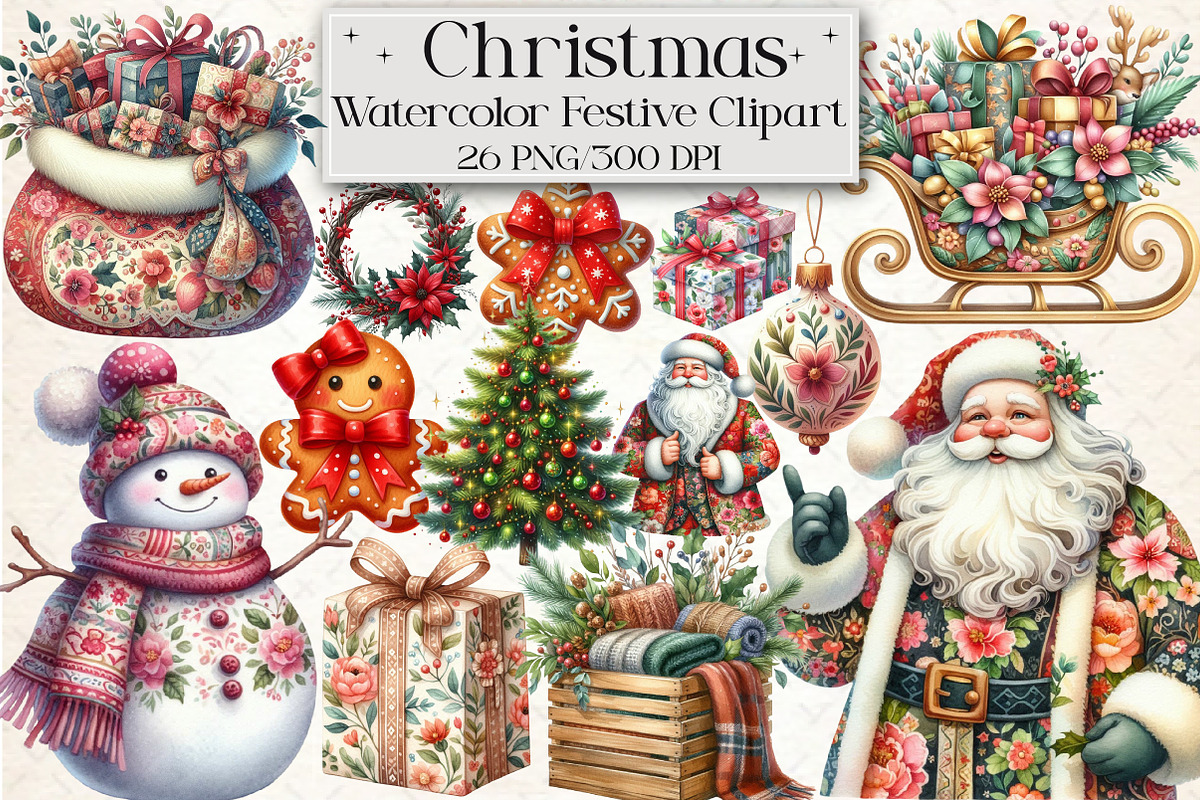 Watercolor Festive Christmas Clipart, an Illustration by Libby Wishes