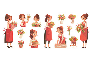 Florist cartoon set. Brunette woman, a Person Illustration by Stock-Smart-Start