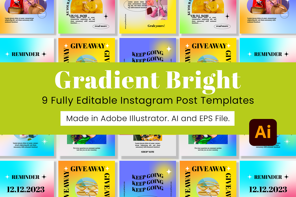 9 Gradient Bright Instagram Post, a Social Media Template by digitalsbydepi (Photo 1 of 5)