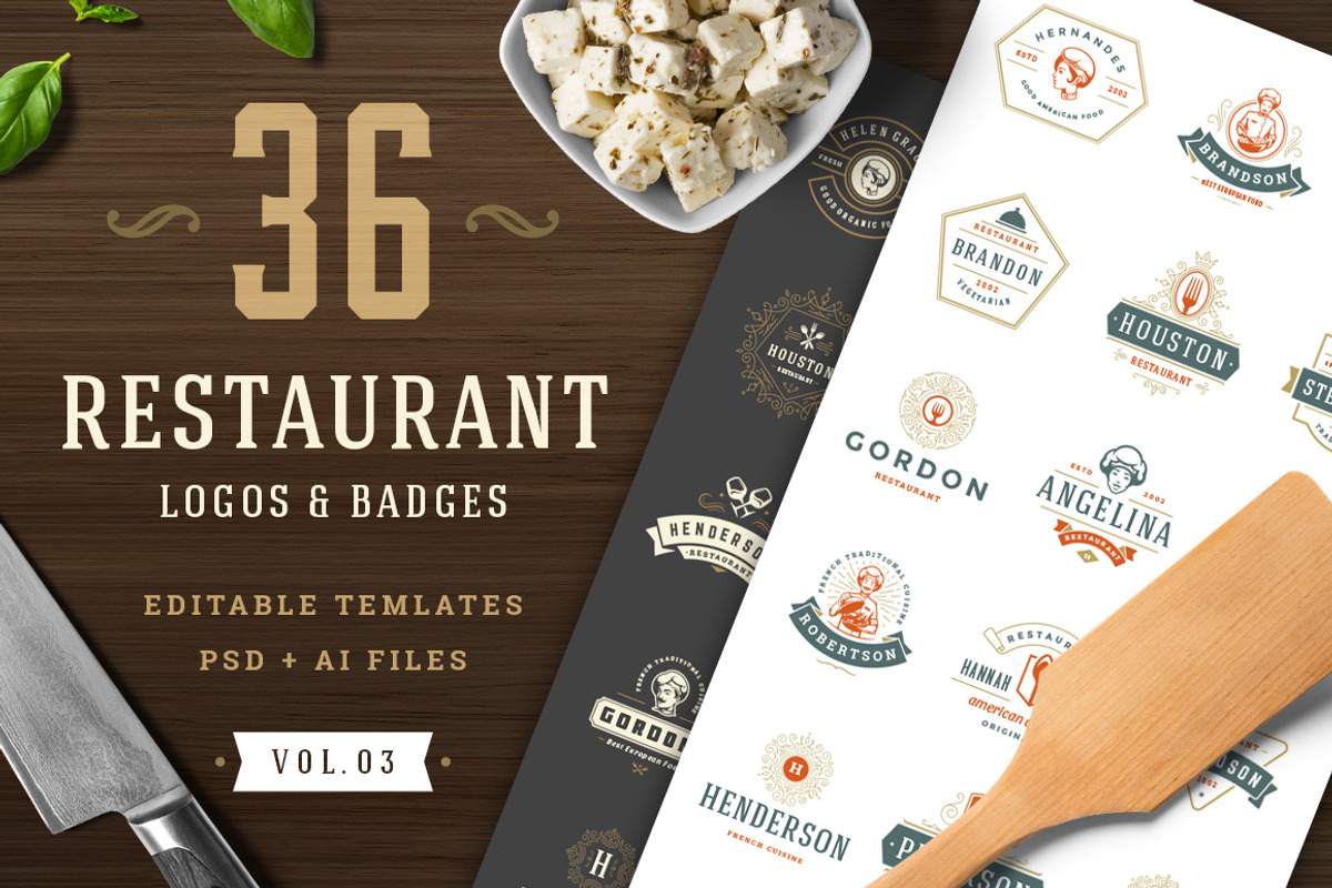 36 Restaurant Logos and Badges, a Branding & Logo Template by Vasya Kobelev (Photo 1 of 18)