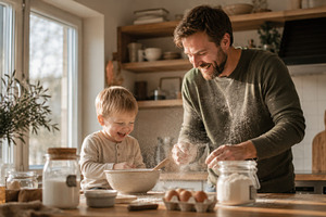 Dad and son bake in kitchen, a Photo by Beautiful things