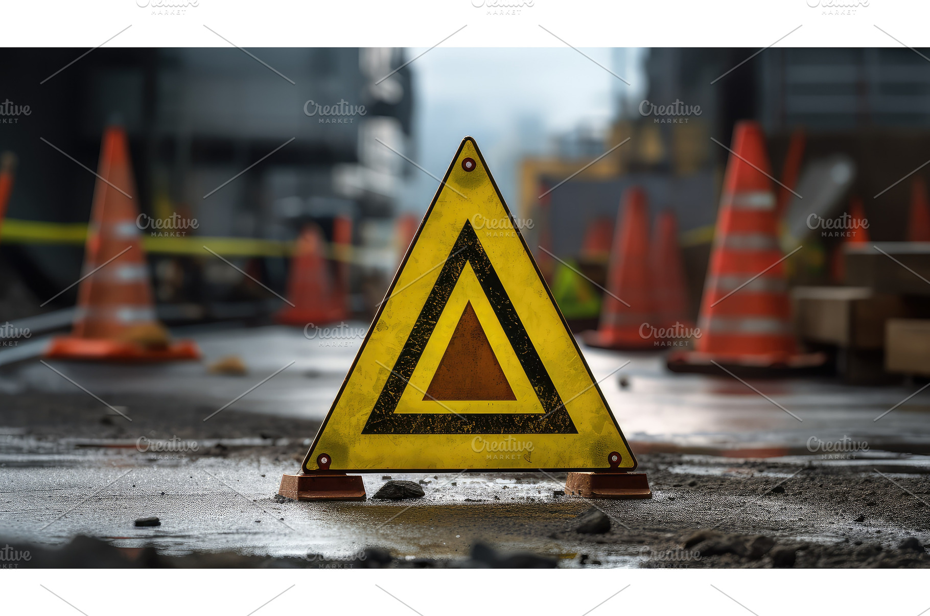 safety yellow triangle ai generated, an Industrial Photo by pikepicture