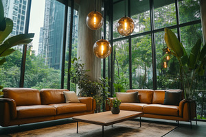 Modern Luxury Living Room with Large Windows and Forest View, an Abstract Photo by Natalia Klenova's Shop