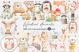 Watercolor Woodland Animals Clipart, an Illustration by Designworld