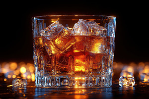 Whiskey glass filled with ice showca, a Photo by Tanuart