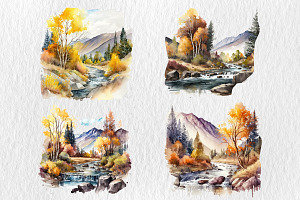 Watercolor Mountain River Landscape