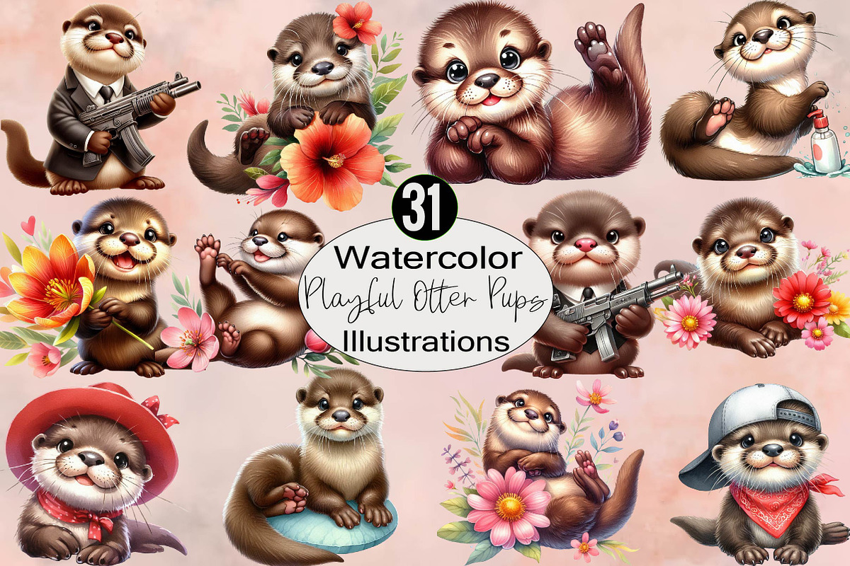 Watercolor Playful Otter Pups Subli, an Illustration by SVGArt (Photo 1 of 8)