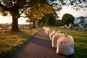 Trash bags lined up on park verge at sunset, a Nature Photo by AlyaAnd