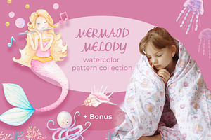 Mermaid watercolor pattern set