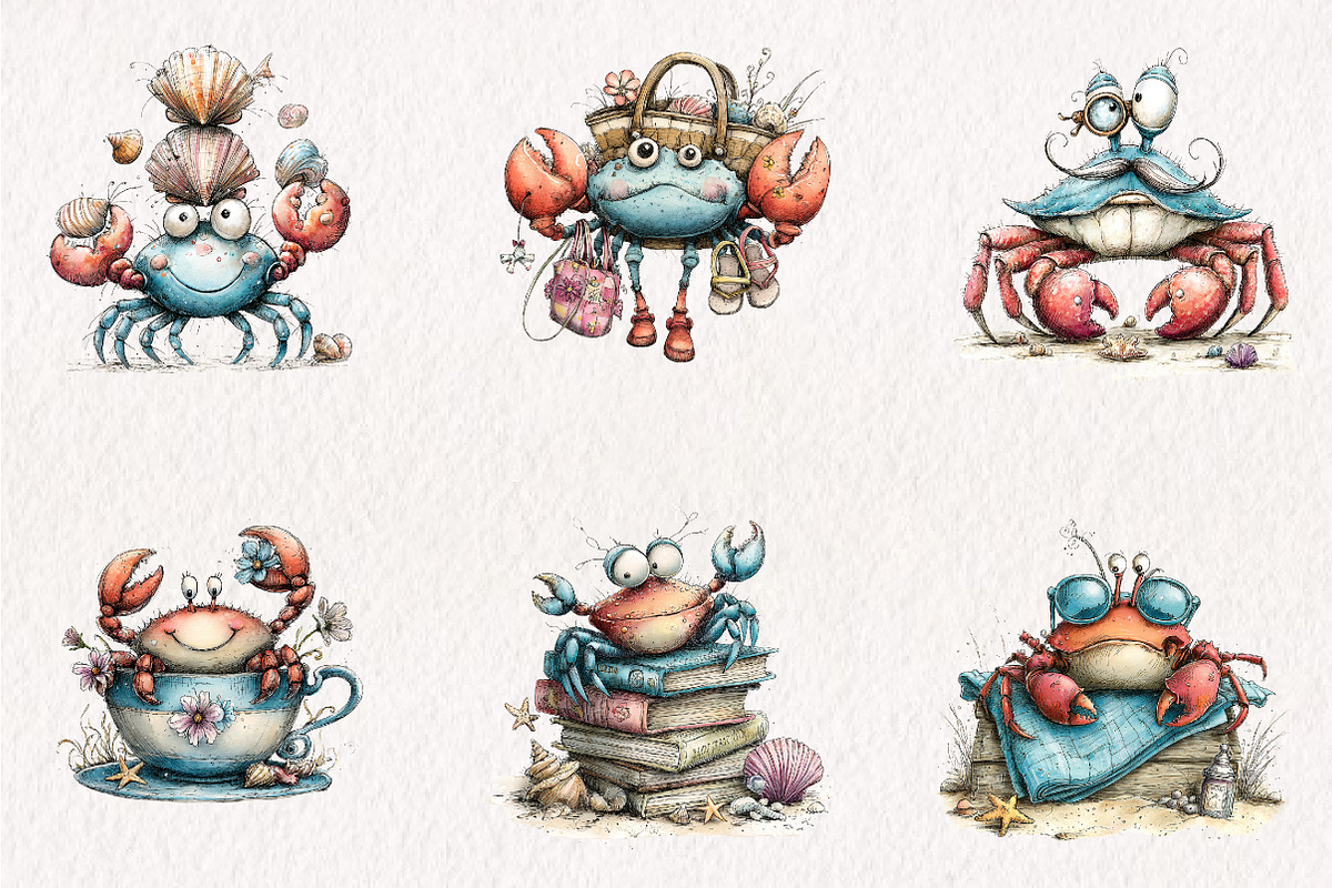 Whimsical Quirky Crab Clipart, a Seasonal Illustration by CreationArt (Photo 2 of 5)