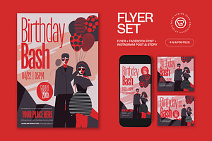 Red Bold Birthday Bash Flyer Set, a Flyer Template by graphicook