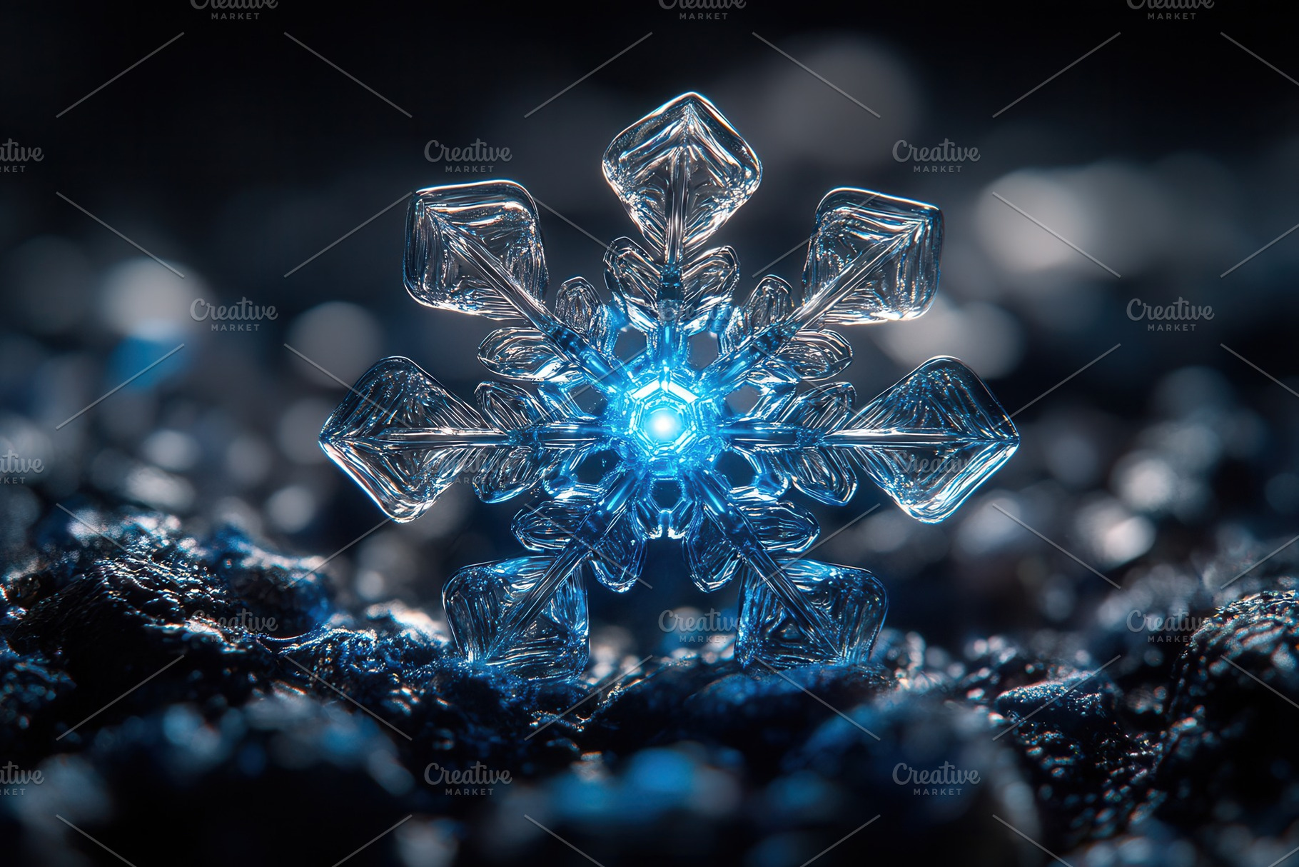 Snowflake with intricate design glow, a Photo by Tanuart
