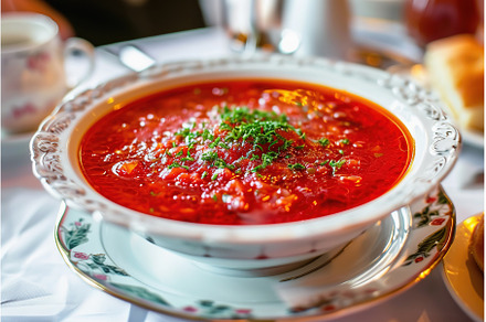 bowl of red borscht served on, a Food & Drink Photo by Lermont51