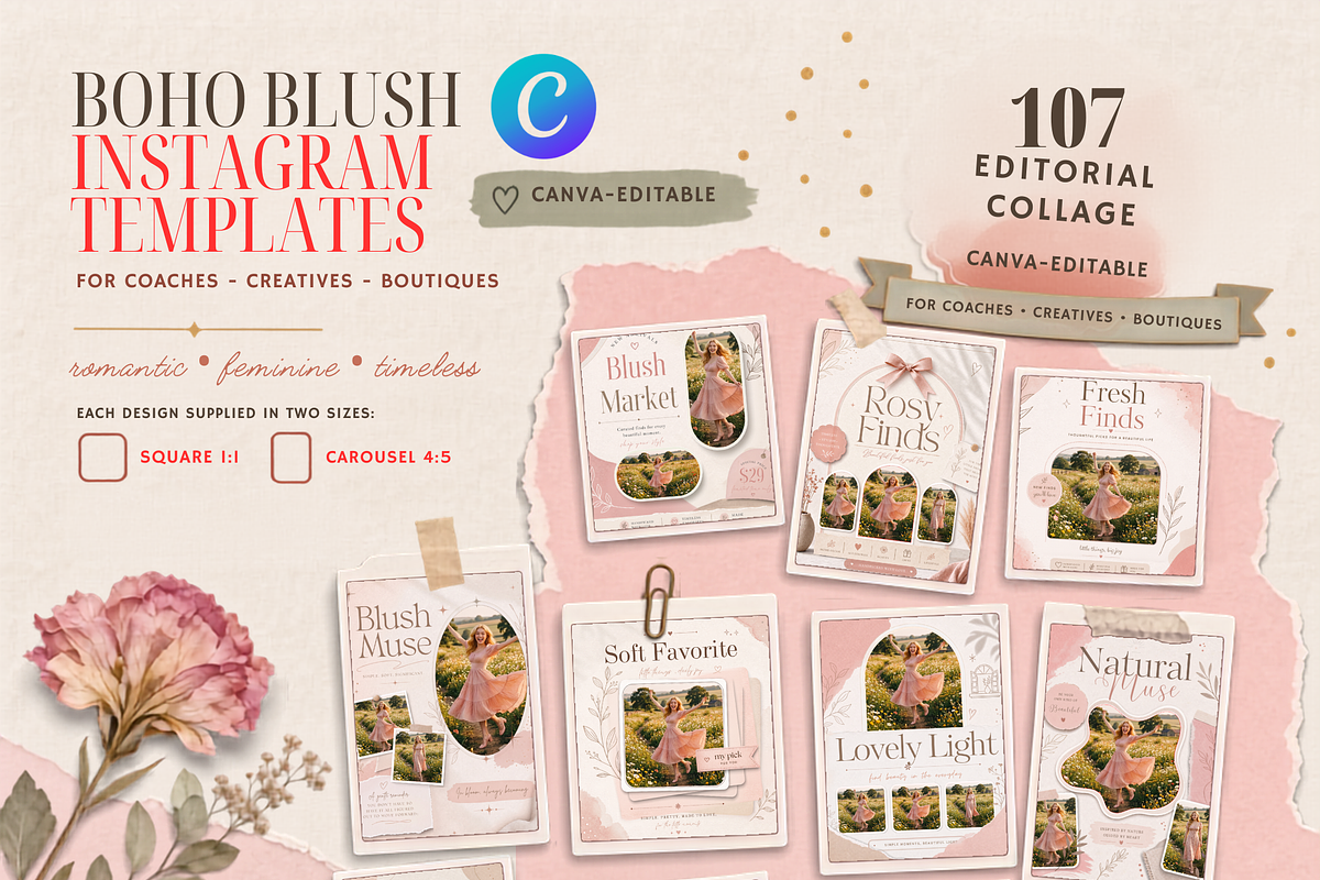 BOHO Blush Canva Instagram Templates, a Social Media Template by RefinedFantasyStudio (Photo 2 of 2)